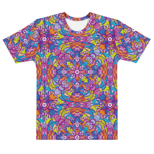 Whimsical Critter Chaos: A Doodle Adventure Men's cotton t-shirt. Front view