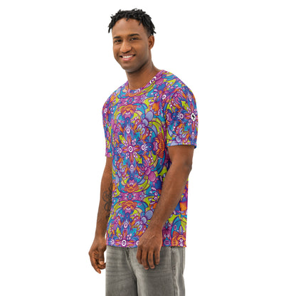 Whimsical Critter Chaos: A Doodle Adventure Men's cotton t-shirt. Left front view