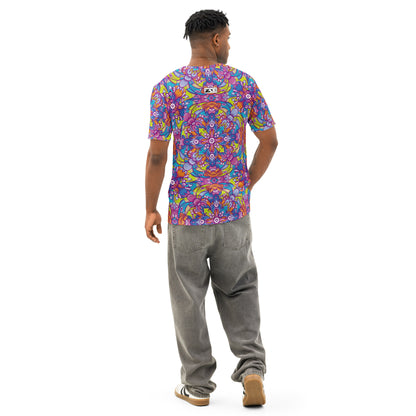 Whimsical Critter Chaos: A Doodle Adventure Men's cotton t-shirt. Lifestyle back view