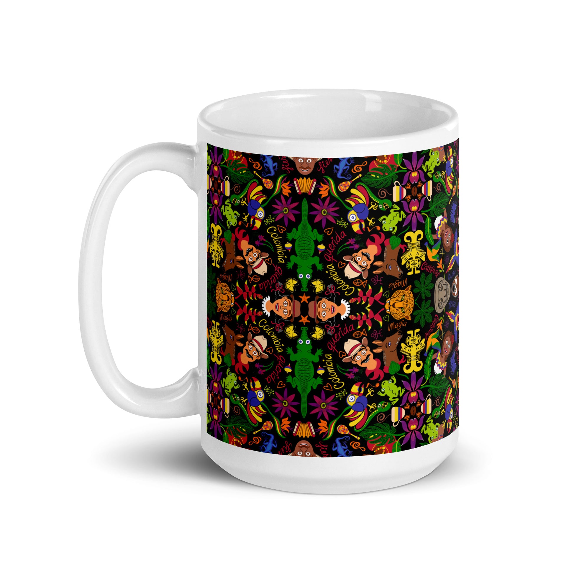 Colombia, the charm of a magical country White glossy mug. 15 oz. Handle on left