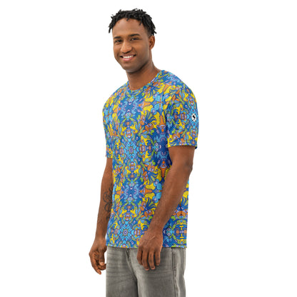 Wise Monkeys, Chaos to Mandala – Men’s Cotton All-over print T-Shirt. Lifestyle side view