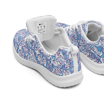 Whimsical Blue Doodle Critterscape pattern design Women’s athletic shoes. Back view