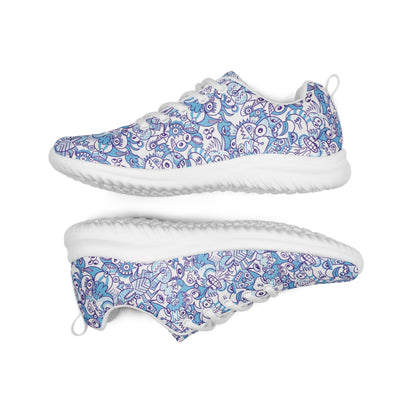 Whimsical Blue Doodle Critterscape pattern design Women’s athletic shoes. Side view