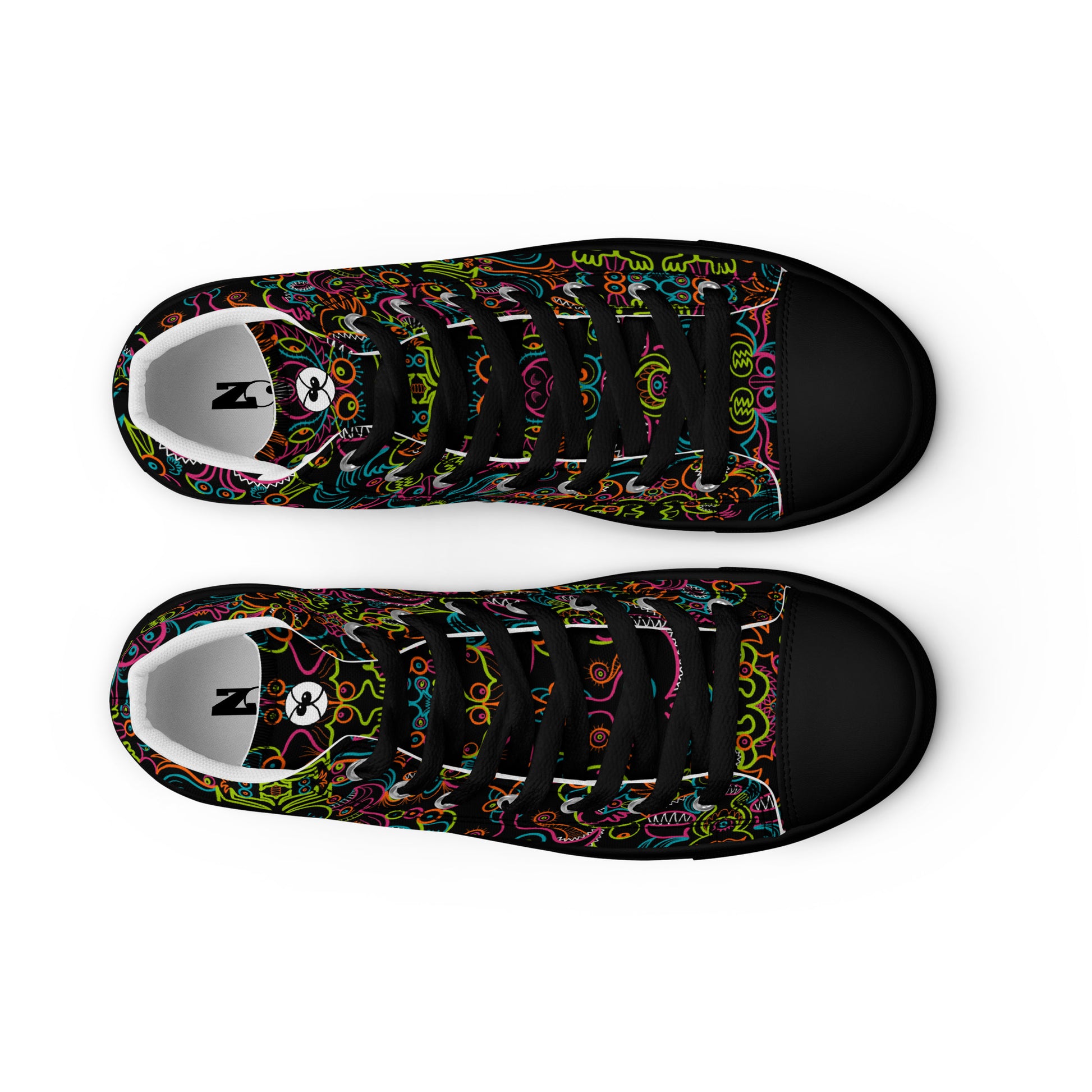 Doodle Carnival: A Kaleidoscope of Whimsical Wonders! - Women’s high top canvas shoes. Black color. Top view
