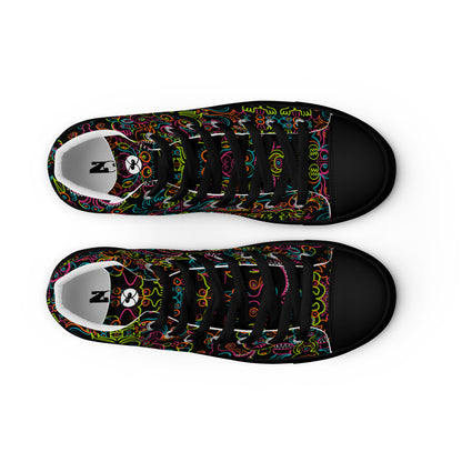 Doodle Carnival: A Kaleidoscope of Whimsical Wonders! - Women’s high top canvas shoes. Black color. Top view