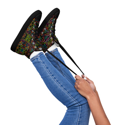 Doodle Carnival: A Kaleidoscope of Whimsical Wonders! - Women’s high top canvas shoes. Black color. Lifestyle