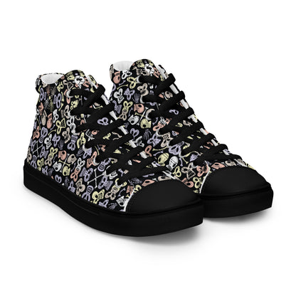 Bewitched Skulls: Hauntingly Chic Pattern Design - Women’s high top canvas shoes. Black color. Overview