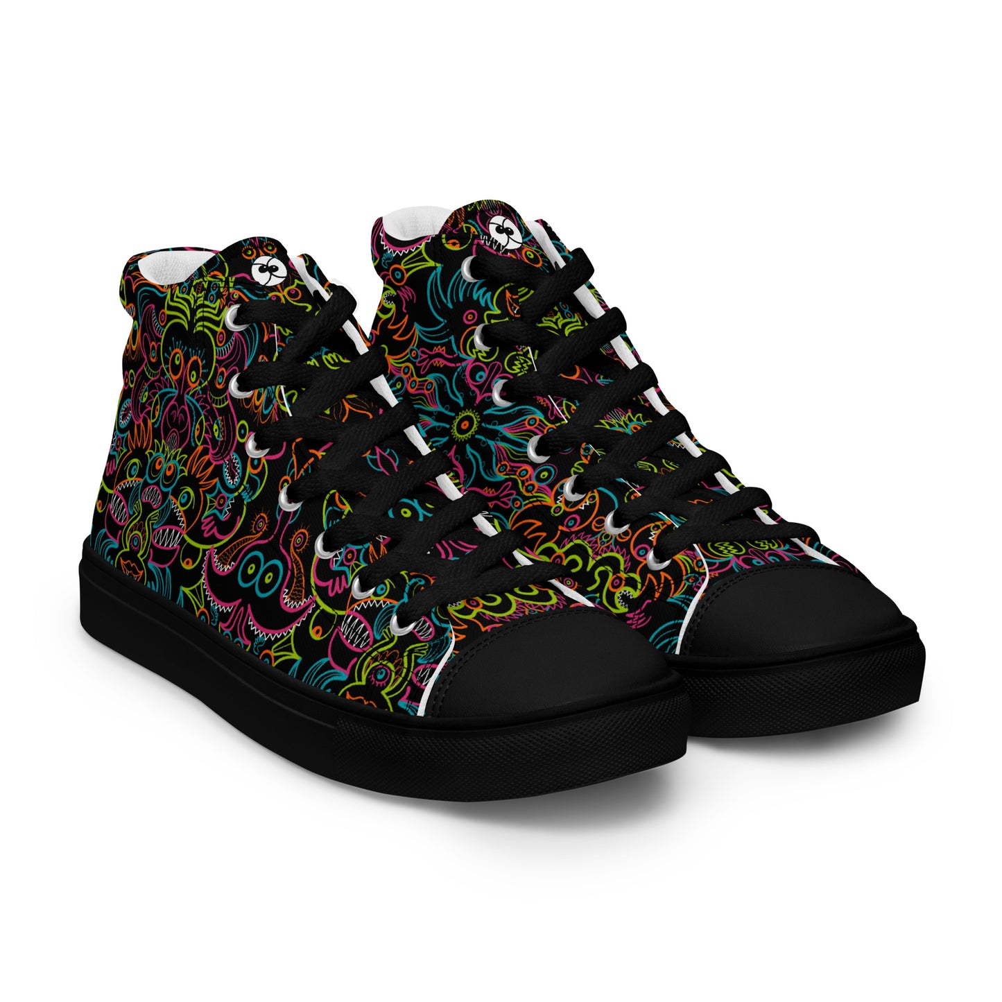 Doodle Carnival: A Kaleidoscope of Whimsical Wonders! - Women’s high top canvas shoes. Black color. Overview
