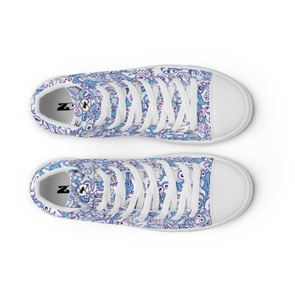 Whimsical Blue Doodle Critterscape pattern design Women’s high top canvas shoes. Top view