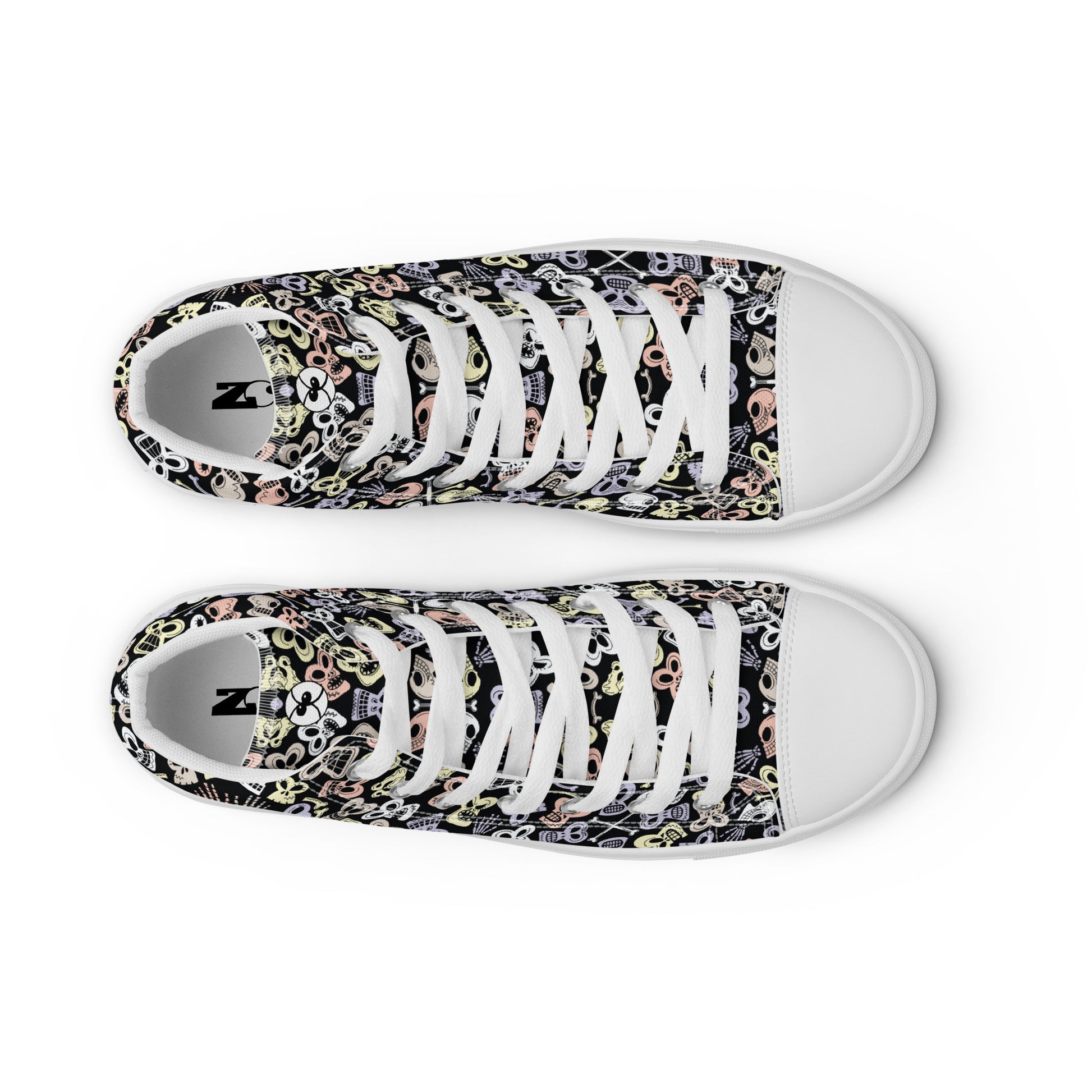Bewitched Skulls: Hauntingly Chic Pattern Design - Women’s high top canvas shoes. White color. Top view