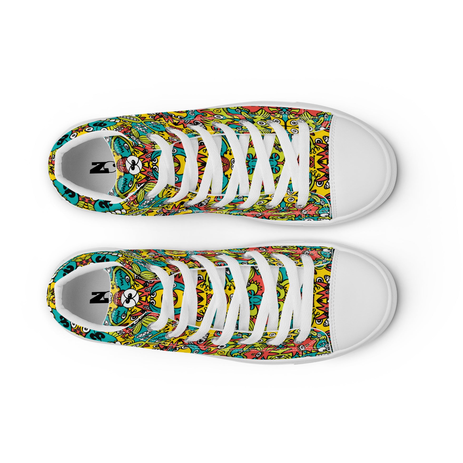 Doodle Dreamscape: Cosmic Critter Carnival - Women’s high top canvas shoes. Top view