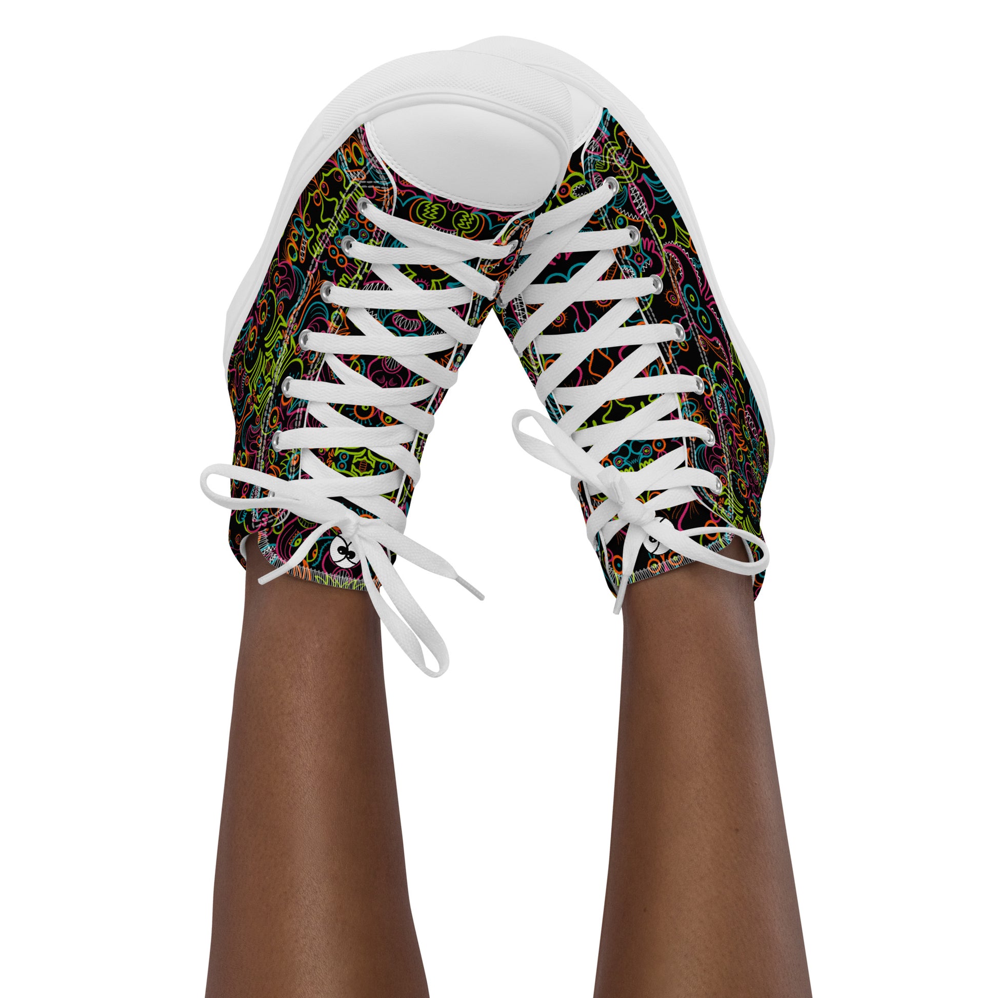 Doodle Carnival: A Kaleidoscope of Whimsical Wonders! - Women’s high top canvas shoes. White color. Lifestyle