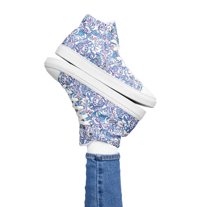 Whimsical Blue Doodle Critterscape pattern design Women’s high top canvas shoes. Lifestyle