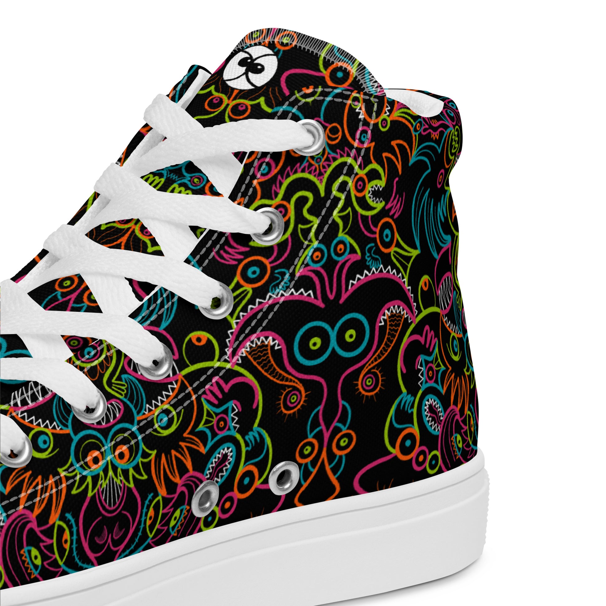 Doodle Carnival: A Kaleidoscope of Whimsical Wonders! - Women’s high top canvas shoes. White color. Product details