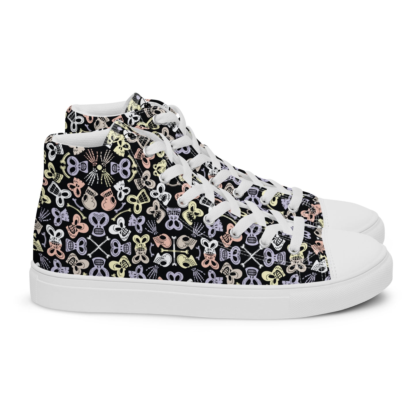 Bewitched Skulls: Hauntingly Chic Pattern Design - Women’s high top canvas shoes. White color. Side view
