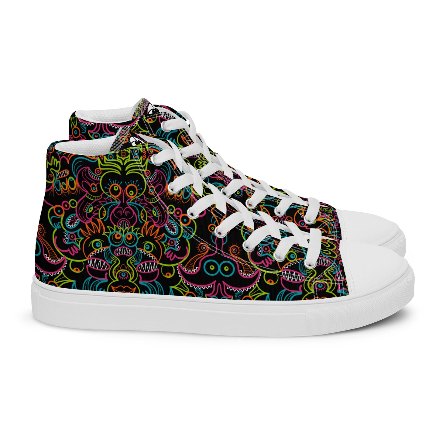 Doodle Carnival: A Kaleidoscope of Whimsical Wonders! - Women’s high top canvas shoes. White color. Side view
