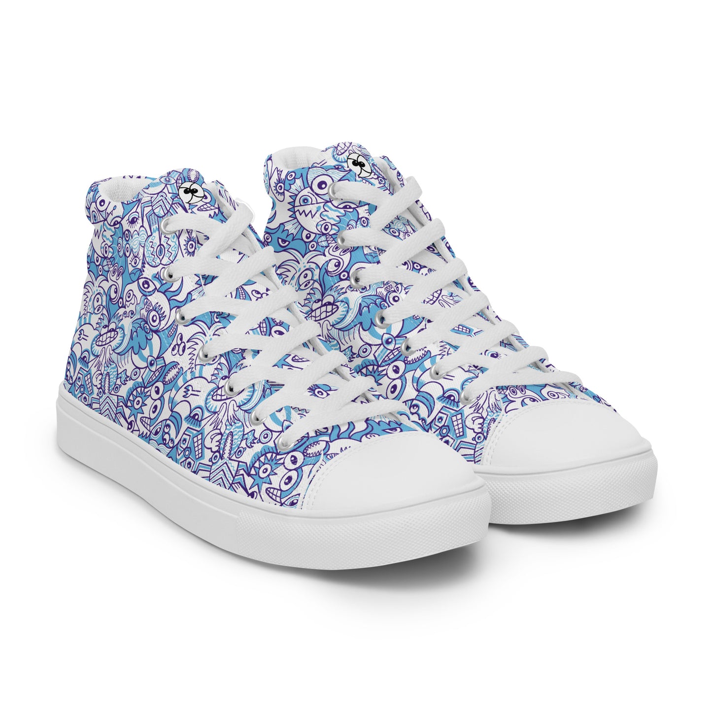 Whimsical Blue Doodle Critterscape pattern design Women’s high top canvas shoes. Overview