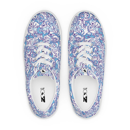 Whimsical Blue Doodle Critterscape pattern design Women’s lace-up canvas shoes. Top view