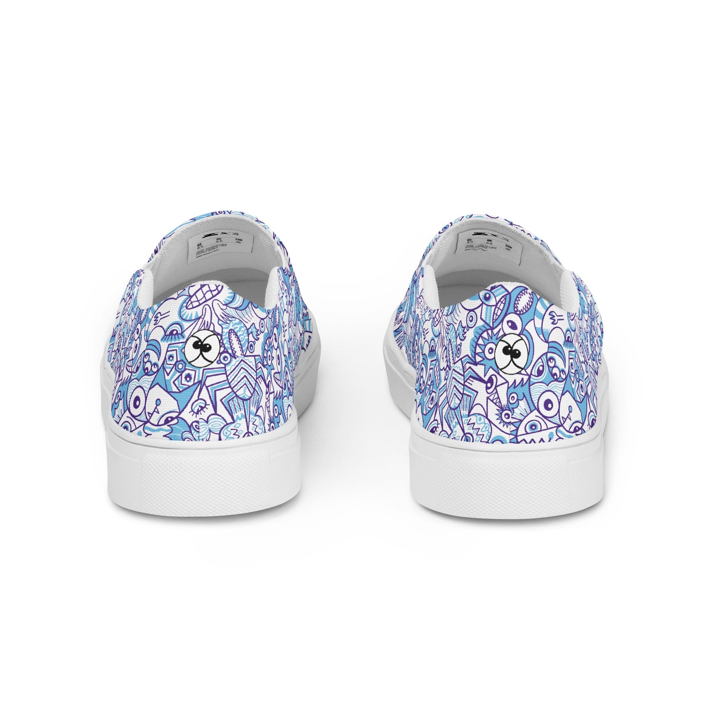 Whimsical Blue Doodle Critterscape pattern design Women’s slip-on canvas shoes. Back view