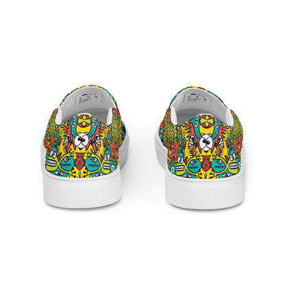 Doodle Dreamscape: Cosmic Critter Carnival - Women’s slip-on canvas shoes. Back view
