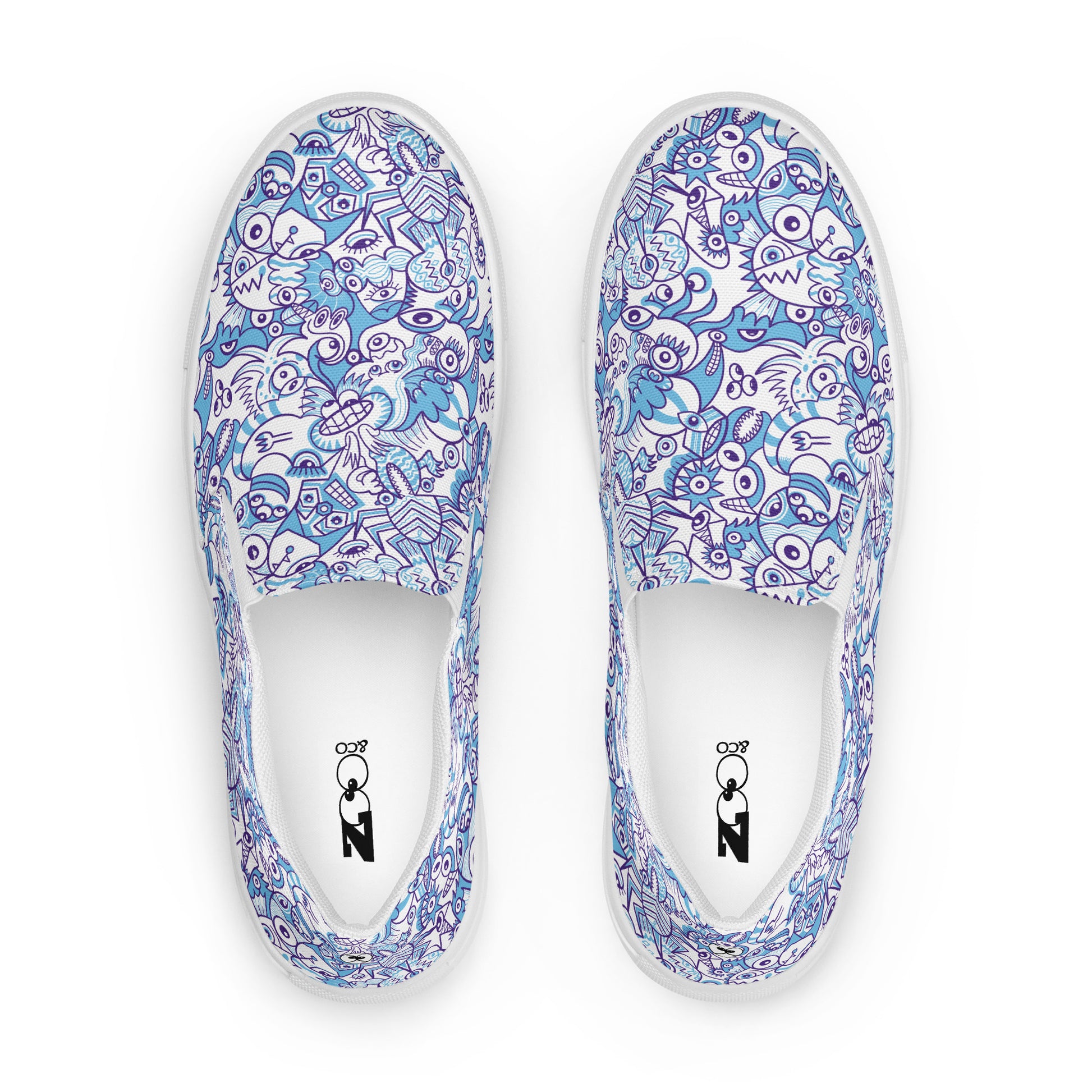 Whimsical Blue Doodle Critterscape pattern design Women’s slip-on canvas shoes. Top view
