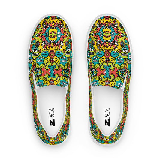 Doodle Dreamscape: Cosmic Critter Carnival - Women’s slip-on canvas shoes. Top view