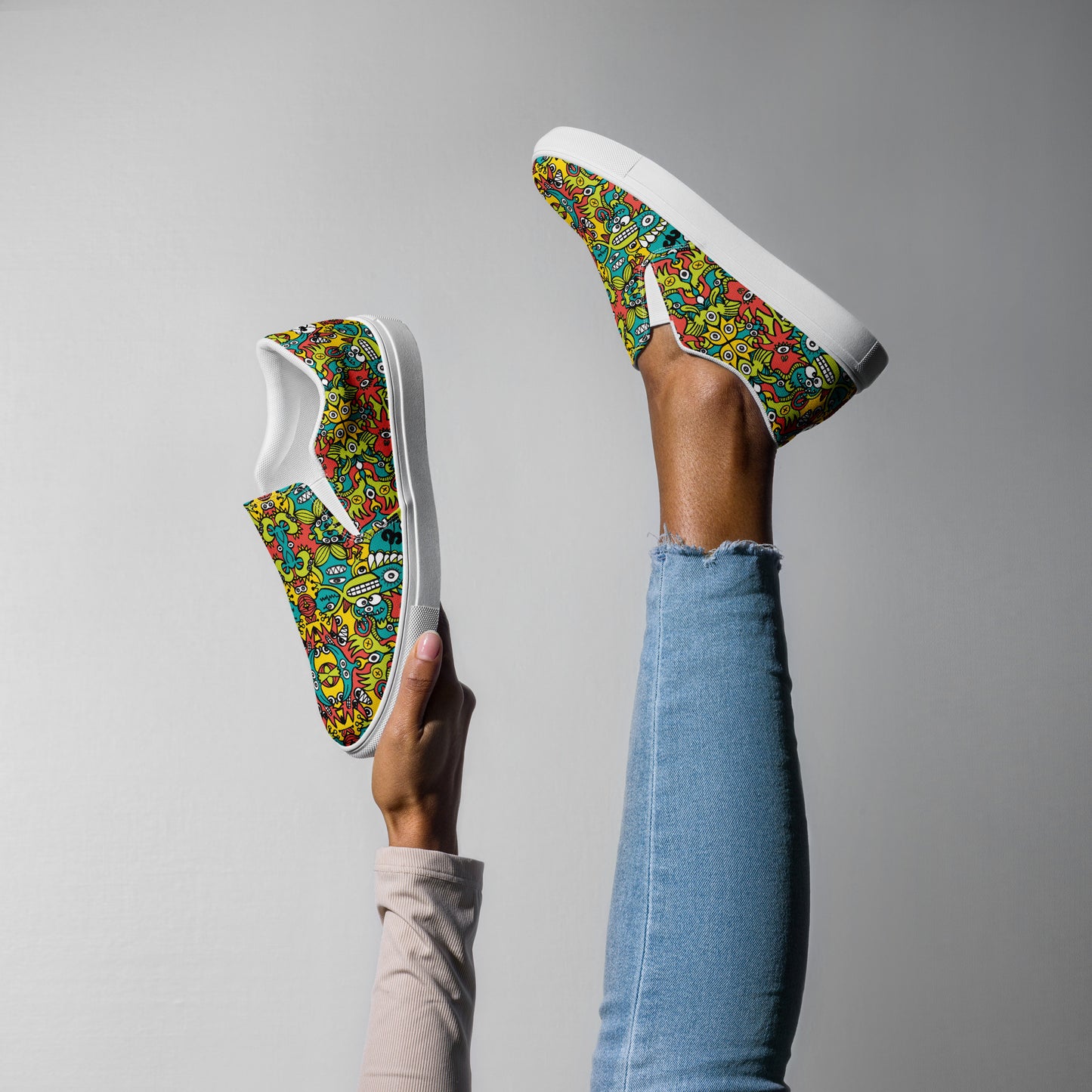 Doodle Dreamscape: Cosmic Critter Carnival - Women’s slip-on canvas shoes. Overview