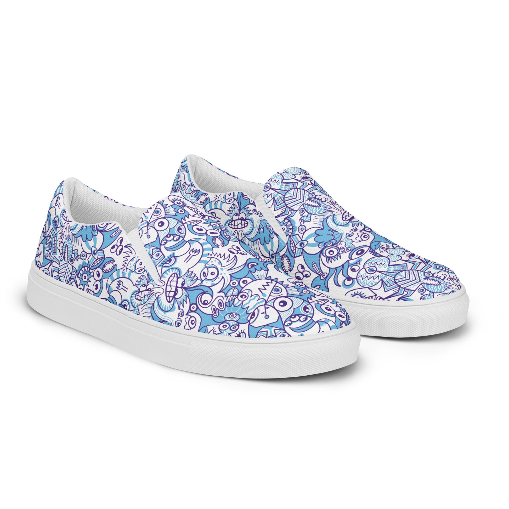 Whimsical Blue Doodle Critterscape pattern design Women’s slip-on canvas shoes. Overview