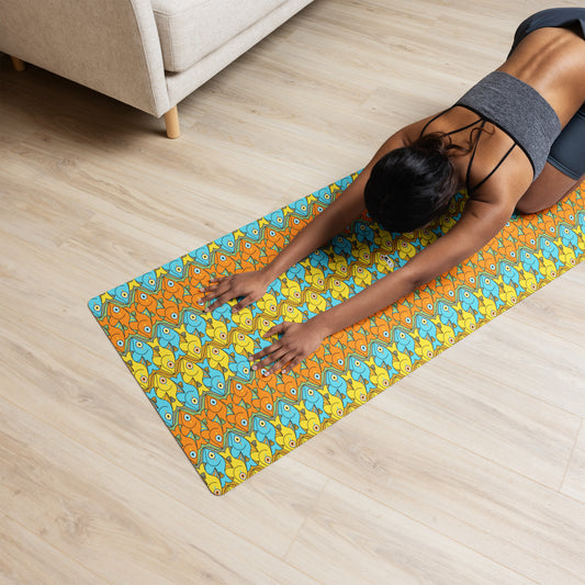 Smiling colorful fishes pattern Yoga mat. Overview