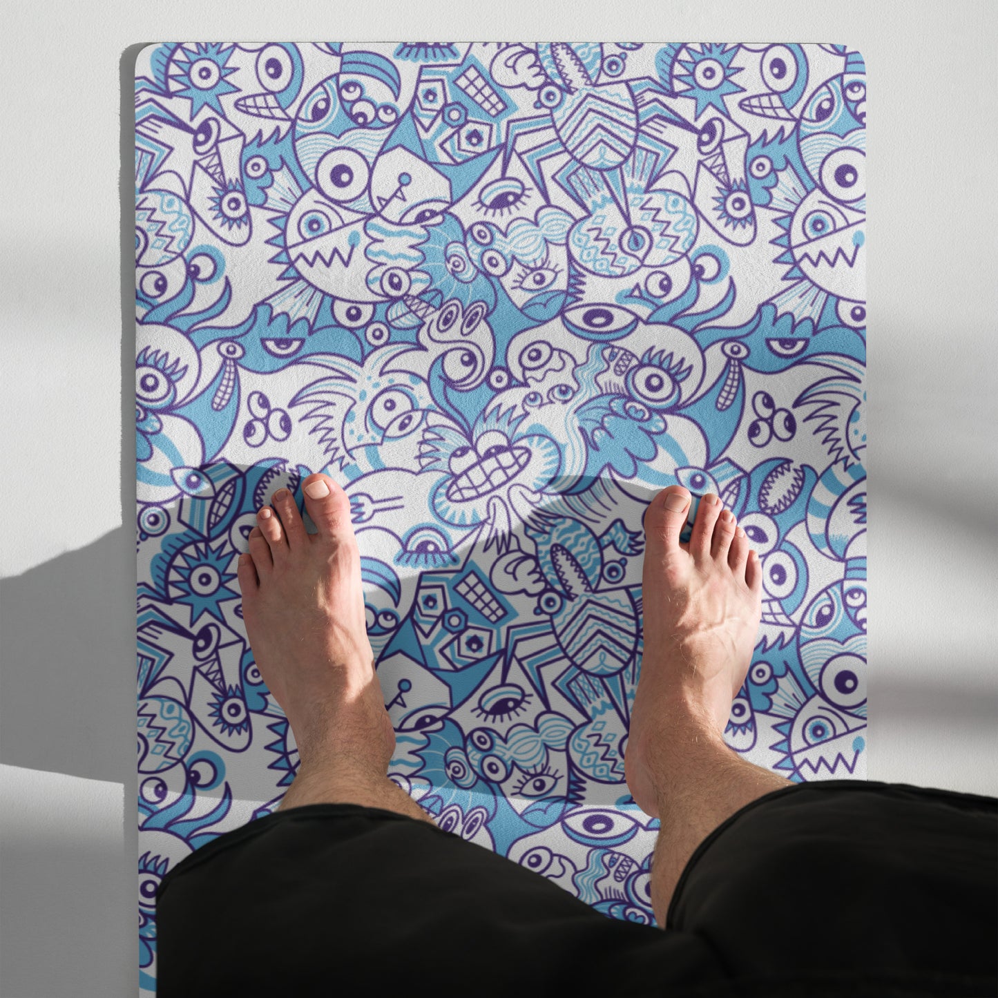 Whimsical Blue Doodle Critterscape pattern design Yoga mat. Product details. Top view