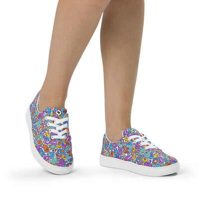Funny multicolor doodle world Women’s lace-up canvas shoes. Lifestyle 1
