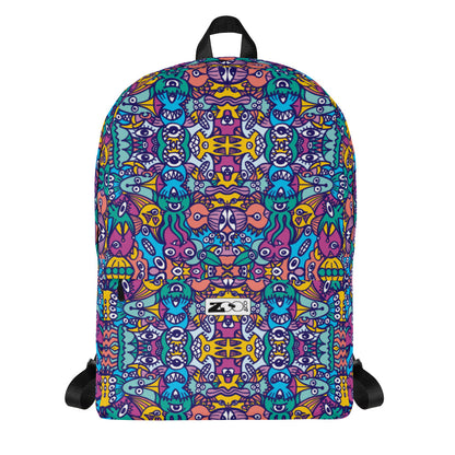 Whimsical design featuring multicolor critters from another world Backpack. Front view