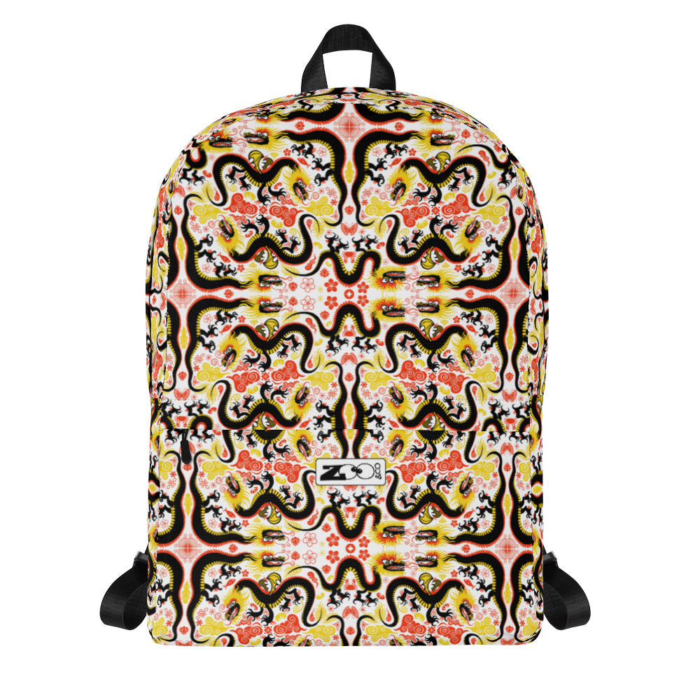 Legendary Chinese dragons pattern art Backpack. Front view