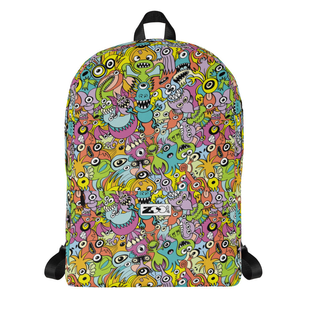 Funny monsters fighting for the best spot for a pattern design Backpack. Front view