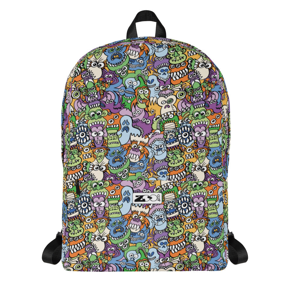 All the spooky Halloween monsters in a pattern design Backpack. Front view