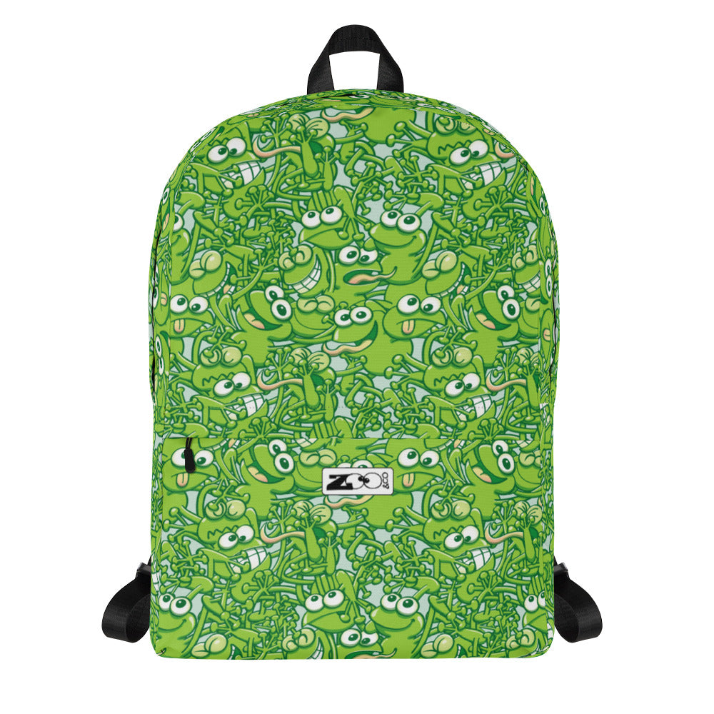 A tangled army of happy green frogs appears when the rain stops Backpack. Front view