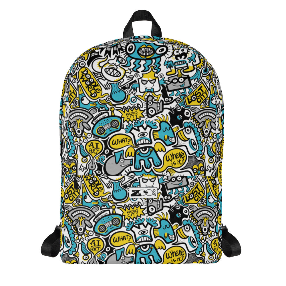 Discover a whole Doodle world in Lost city Backpack. Front view