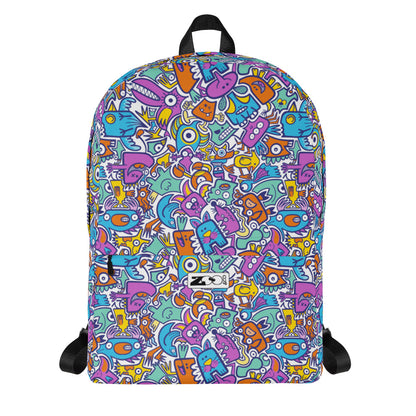 Funny multicolor Doodle world All over print Backpack. Front view