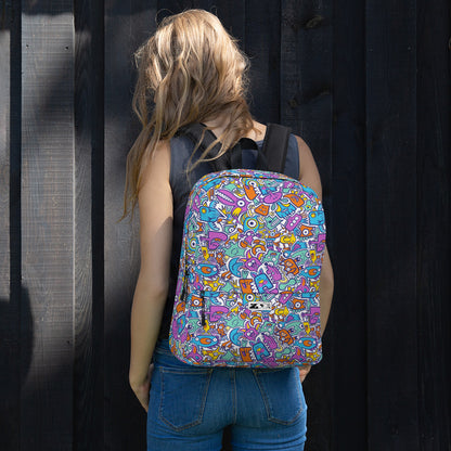 Funny multicolor Doodle world All over print Backpack. Lifestyle 2