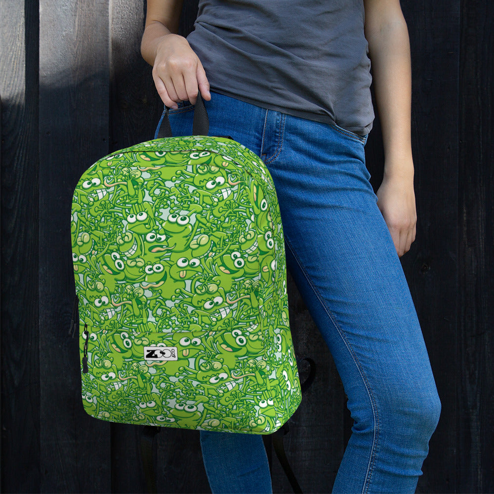 A tangled army of happy green frogs appears when the rain stops Backpack. Lifestyle