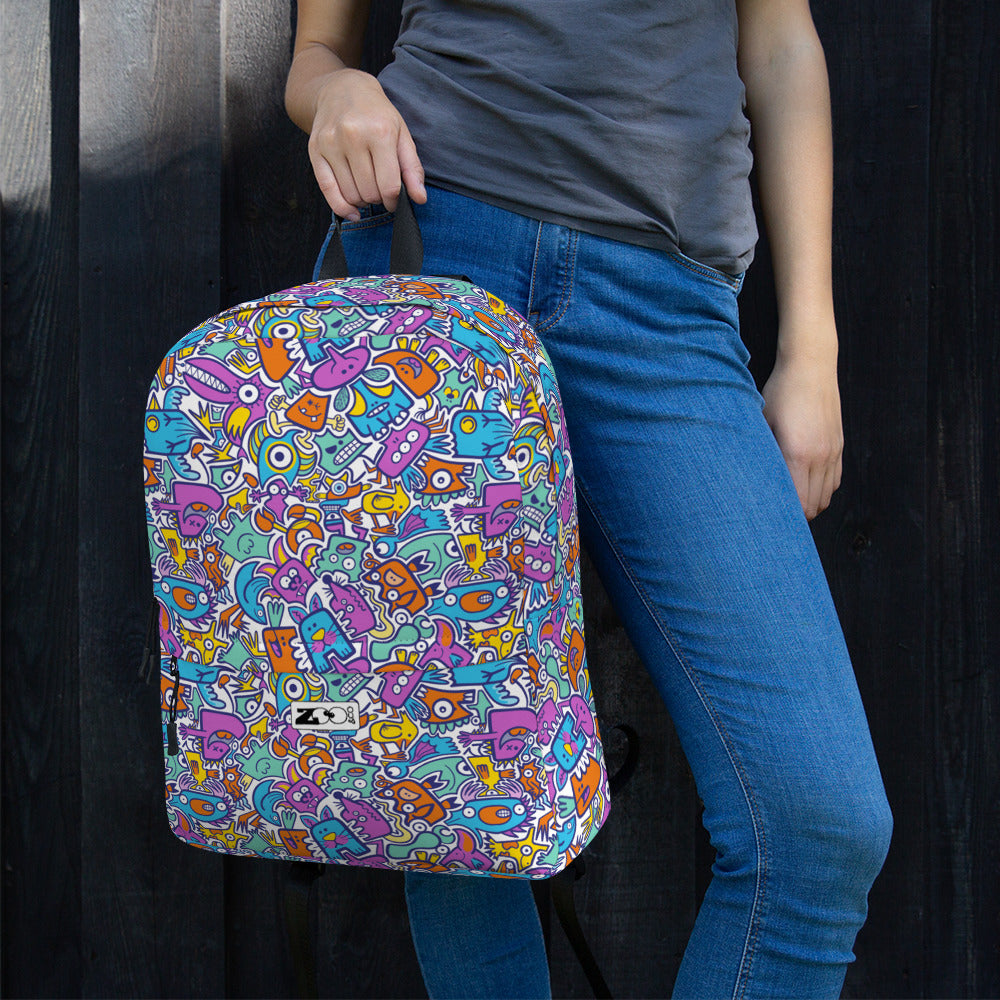 Funny multicolor Doodle world All over print Backpack. Lifestyle 1