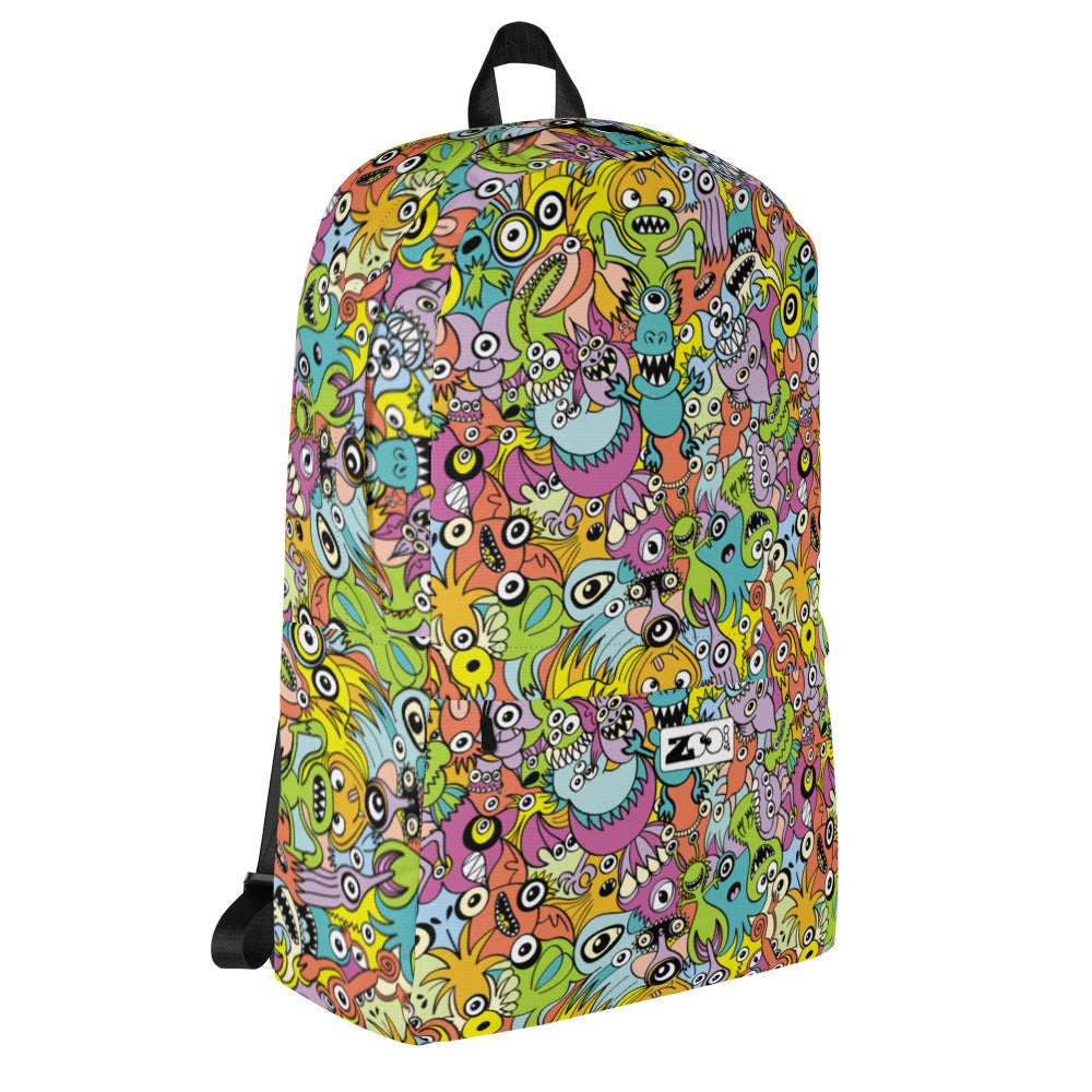 Funny monsters fighting for the best spot for a pattern design Backpack. Overview