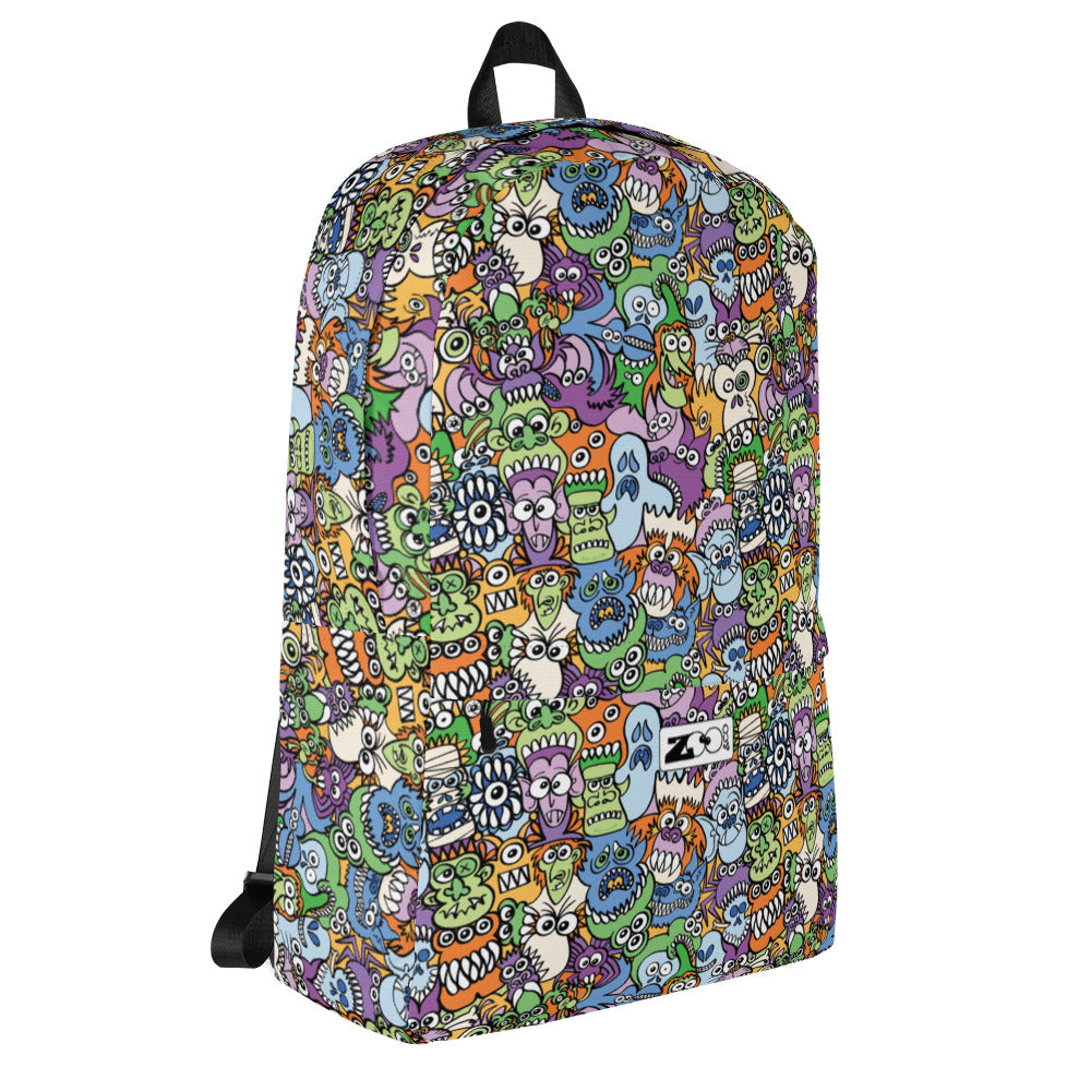 All the spooky Halloween monsters in a pattern design Backpack. Overview