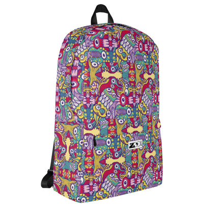 Exquisite corpse of doodles in a pattern design Backpack. Side view