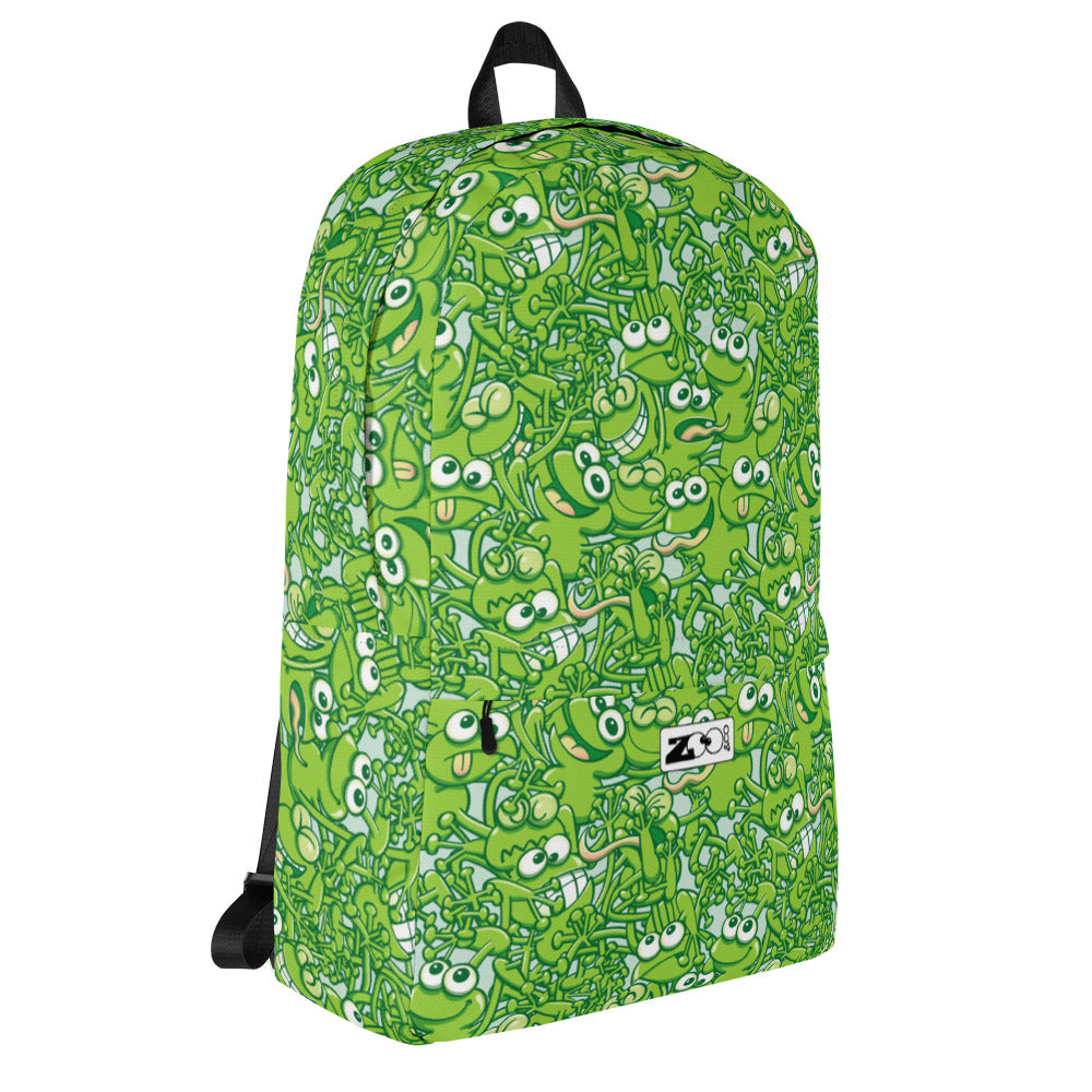 A tangled army of happy green frogs appears when the rain stops Backpack. Side view