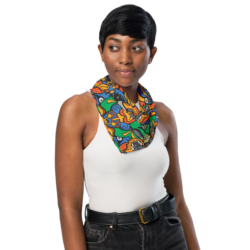 Fantastic African masks festival All-over print bandana. Beautiful African woman wearing All-over print Bandana as scarf