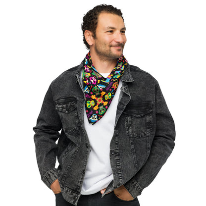 Mexican wrestling colorful party All-over print bandana. Smiling man wearing All-over print Bandana as necktie