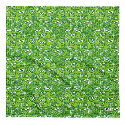 A tangled army of happy green frogs appears when the rain ends All-over print bandana. Large size