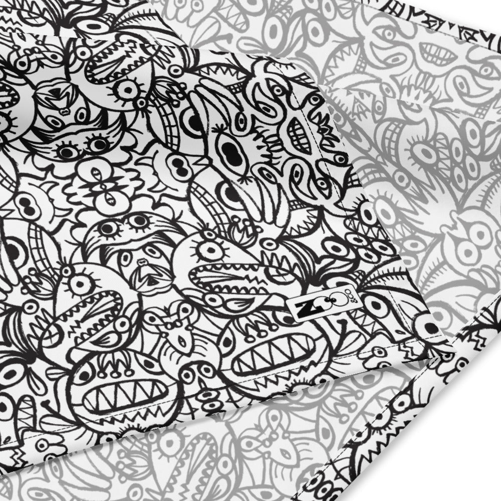 Brush style doodle critters All-over print bandana. Zoo&co branded Bandana