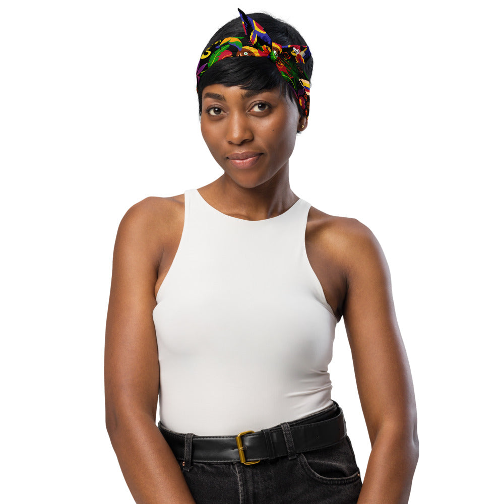 Colombia, the charm of a magical country All-over print bandana. Woman wearing Colombian Bandana as headband